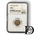 1945 Soviet Union 10 Kopeks coin in NGC MS 62 holder, certificate label