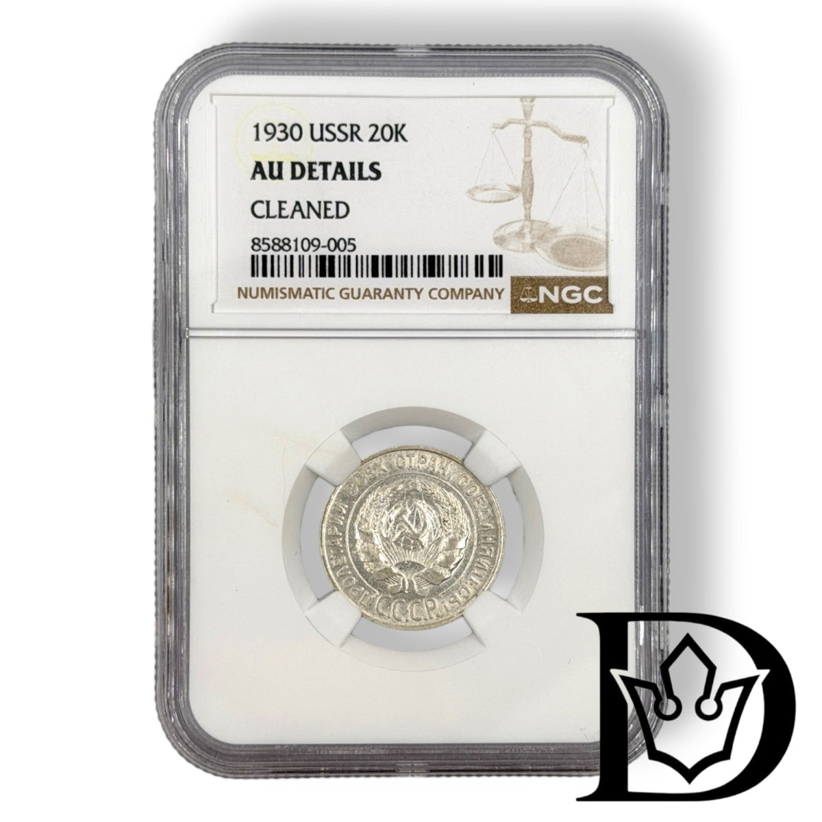 1930 Soviet Union 20 Kopeks silver coin in NGC AU Details holder, certificate label