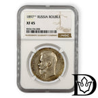 1897 ** Tsar Russia Silver Ruble NGC Graded XF 45 Nicholas II