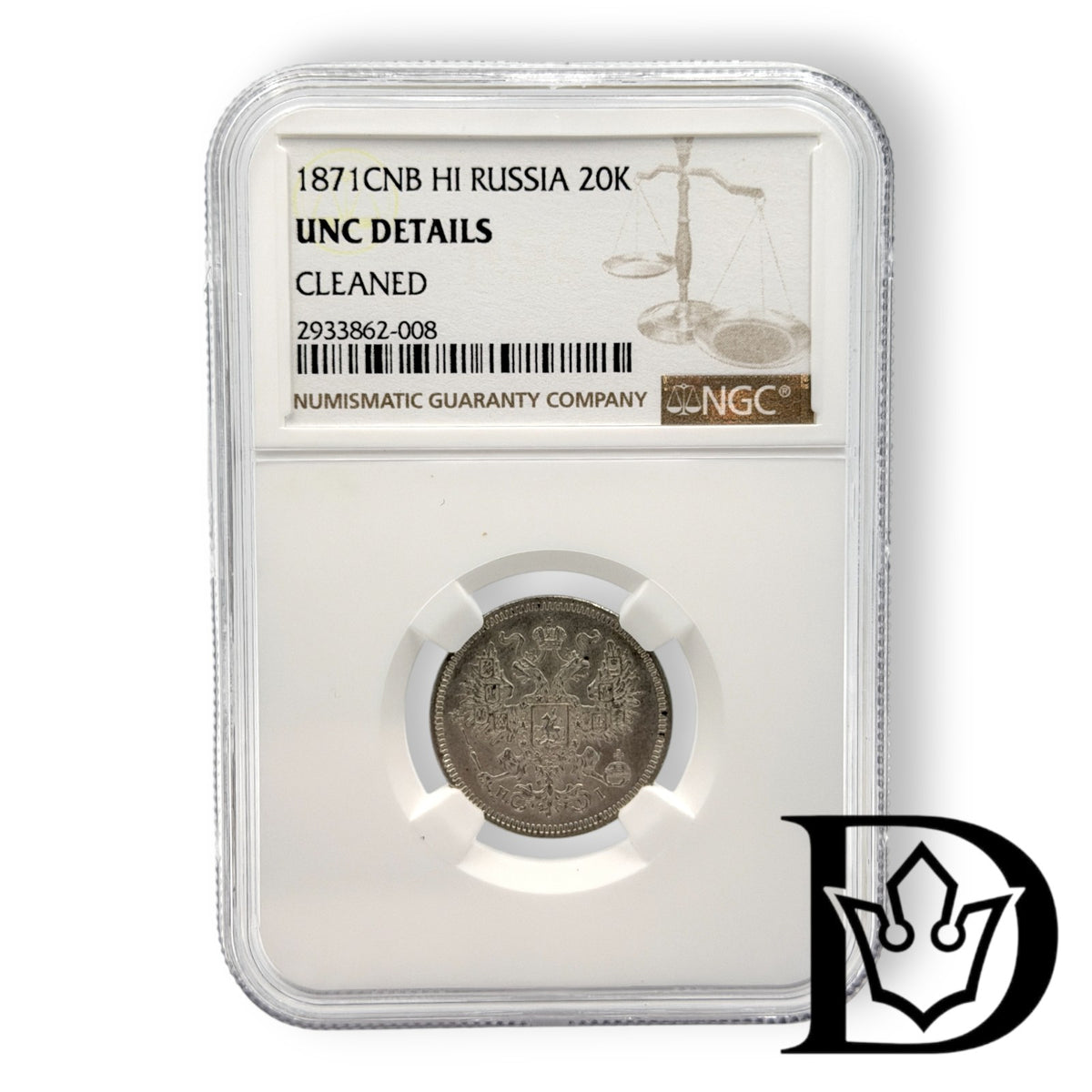 1871 CNB HI Tsar Russia Silver 20 Kopecks NGC Graded UNC DETAILS Alexander II