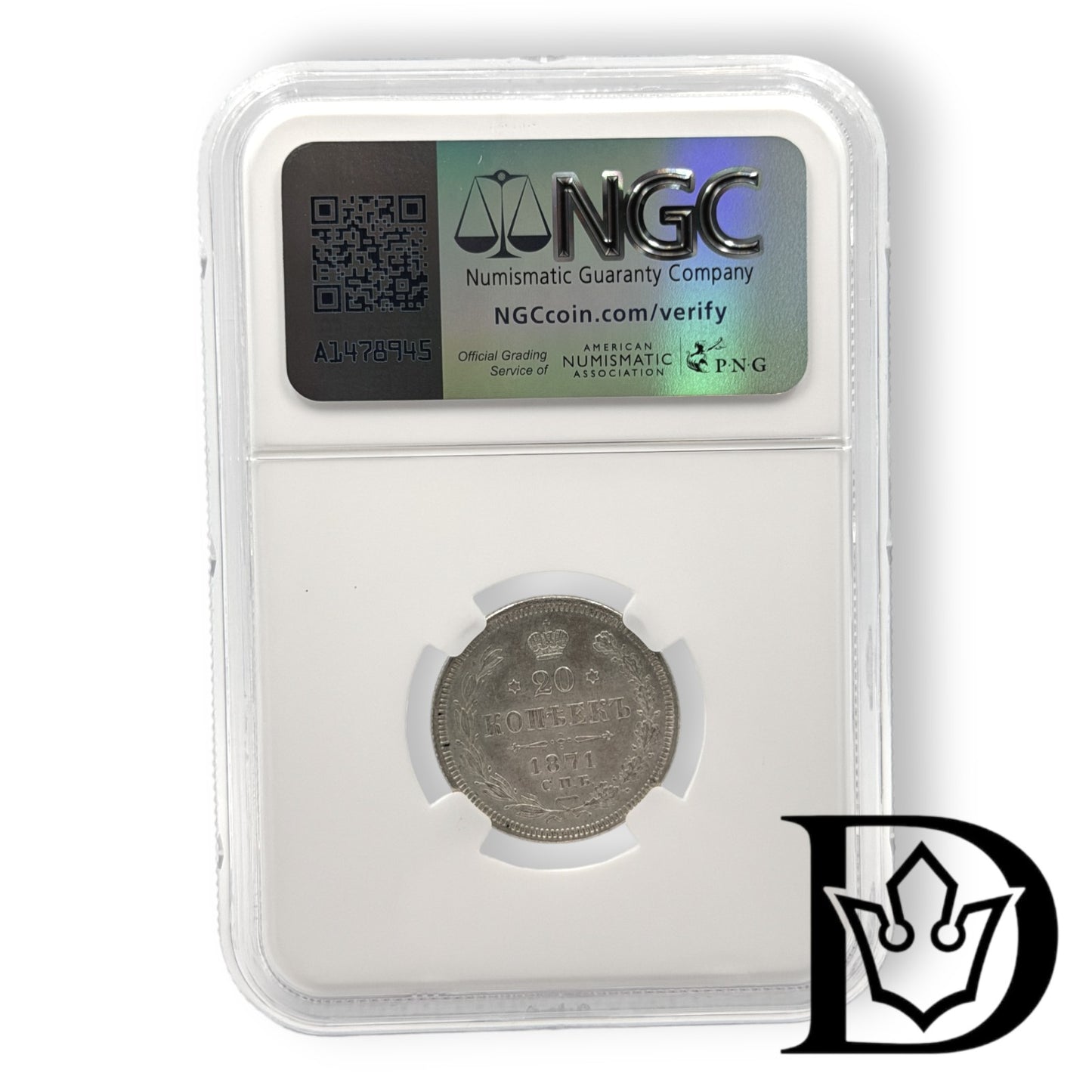 1871 CNB HI Tsar Russia Silver 20 Kopecks NGC Graded UNC DETAILS Alexander II