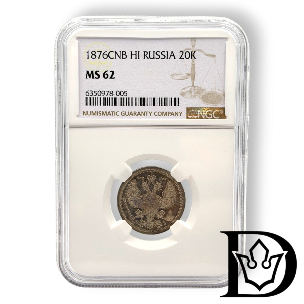 1876 CNB HI Tsar Russia Silver 20 Kopecks NGC Graded MS 62 Alexander II