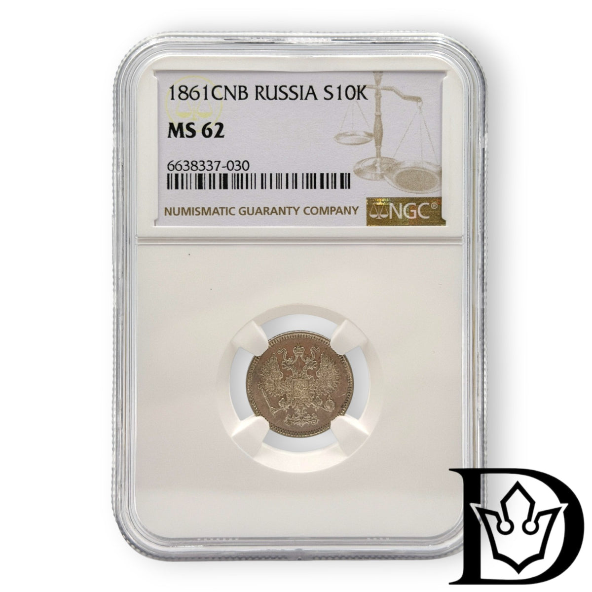 1861 CNB Tsar Russia Silver 10 Kopecks NGC Graded MS 62 Alexander II