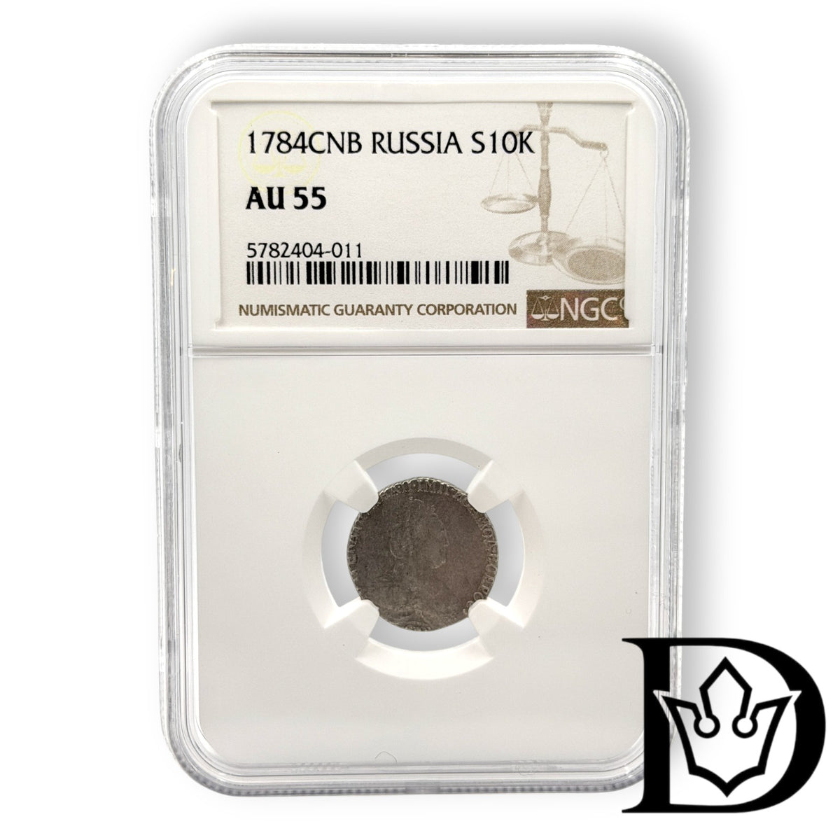 1784 CNB Russia Silver 10 Grivennik NGC Graded AU 55 Empress Catherine II