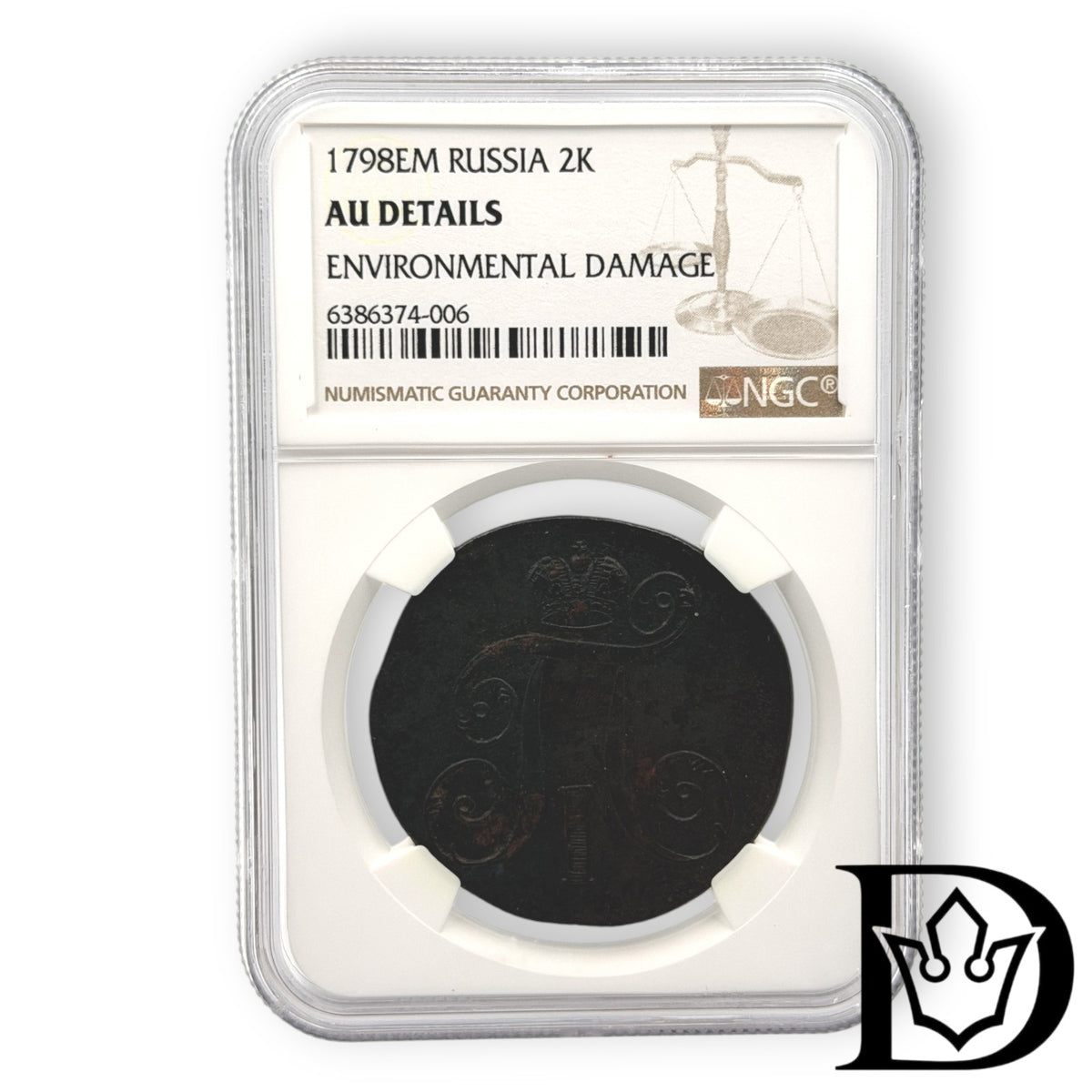 1798 EM Tsar Russia Copper 2 Kopecks NGC Graded AU DETAILS Paul I