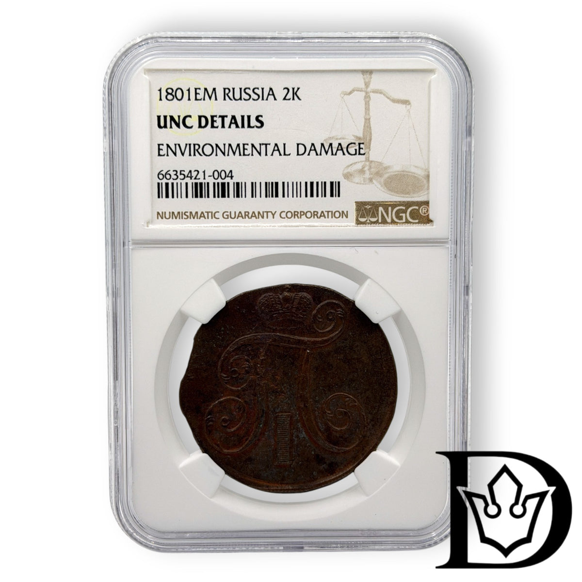 1801 EM Tsar Russia Copper 2 Kopecks NGC Graded UNC DETAILS Paul I