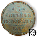 3 Kopeken 1842 SPM Russland Nikolaus I. Kupfer NGC XF 40 BN