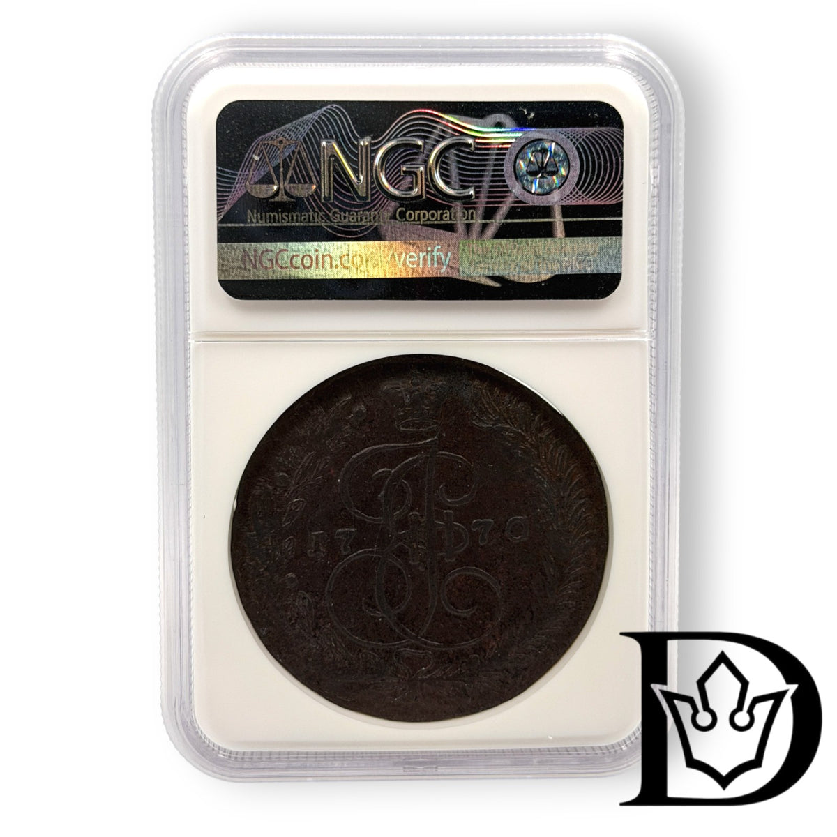 1770 EM Tsar Russia Copper 5 Kopecks NGC Graded AU 50 BN Catherine II