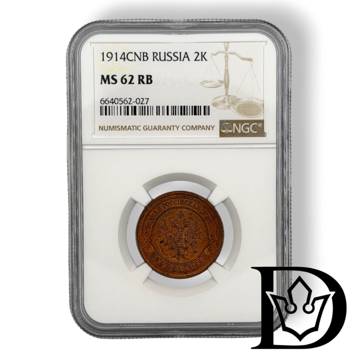 1914 2 Kopecks in NGC MS 62 RB holder, certificate label