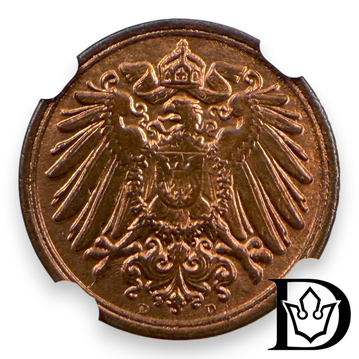 1911 D Germany (German Empire) 1 Pfennig Copper Coin NGC MS 65 RB