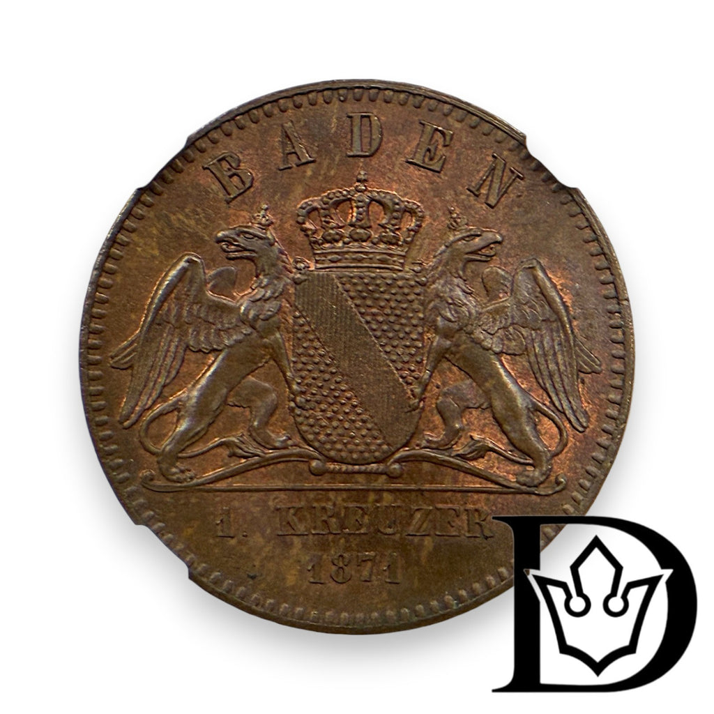 Münze Baden 1 Kreuzer 1871 Friedensfeier NGC MS 65 BN