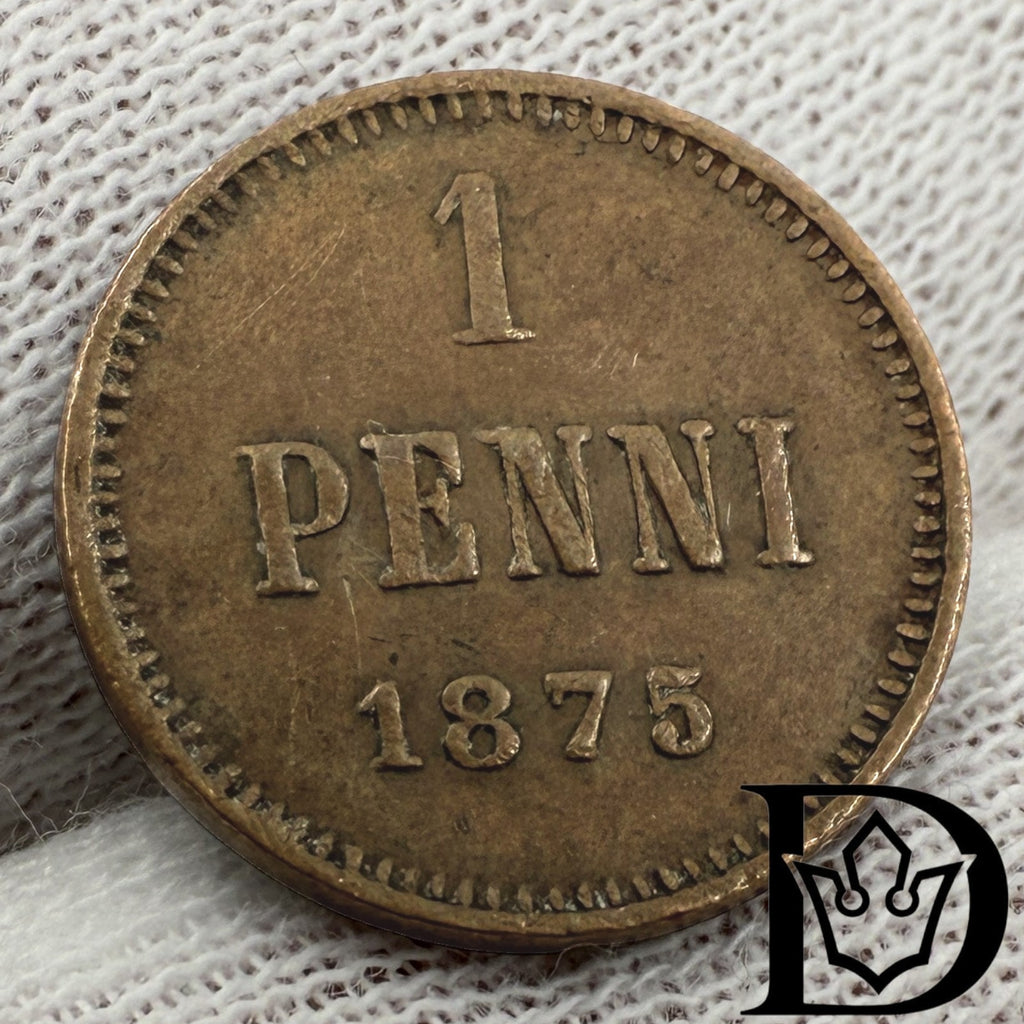1875 Finland 1 Penni Copper Coin Alexander II