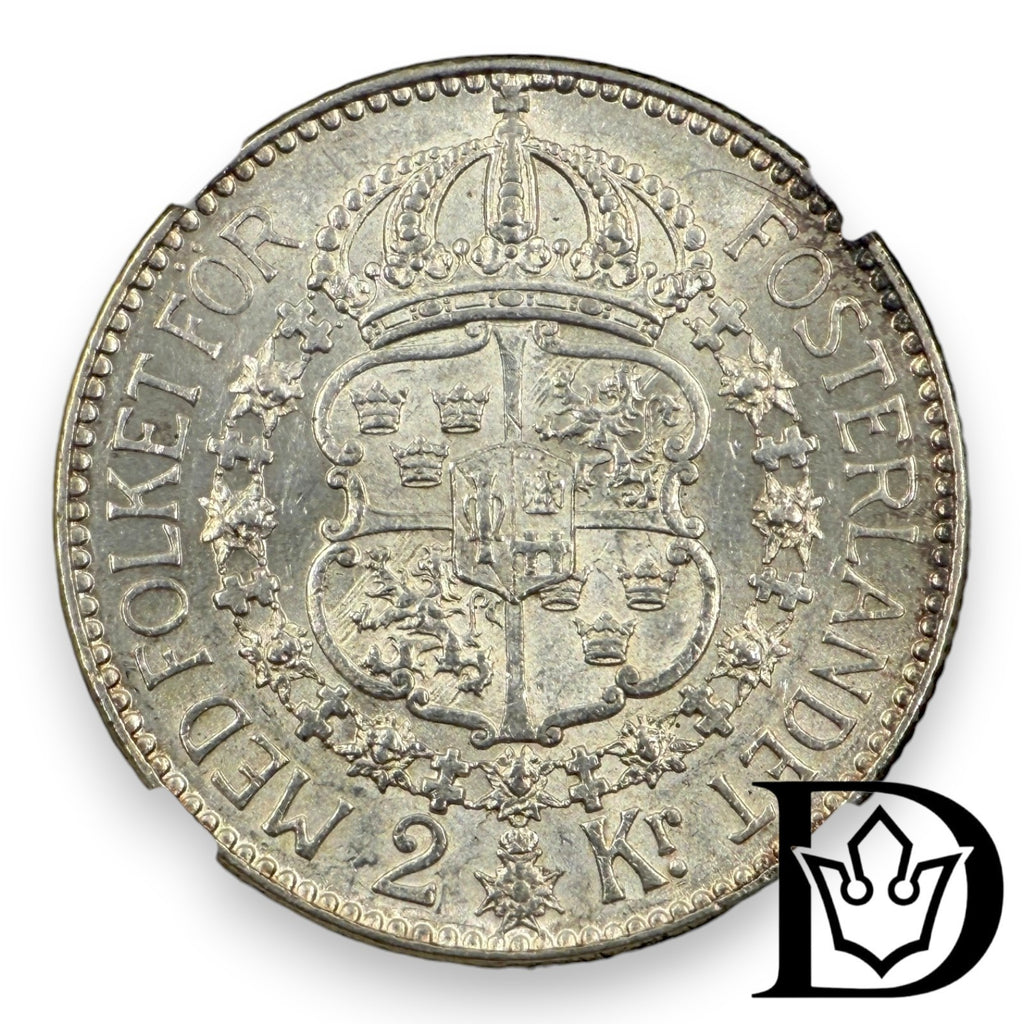 1914 W Sweden 2 Kronor Silver Coin NGC AU 58