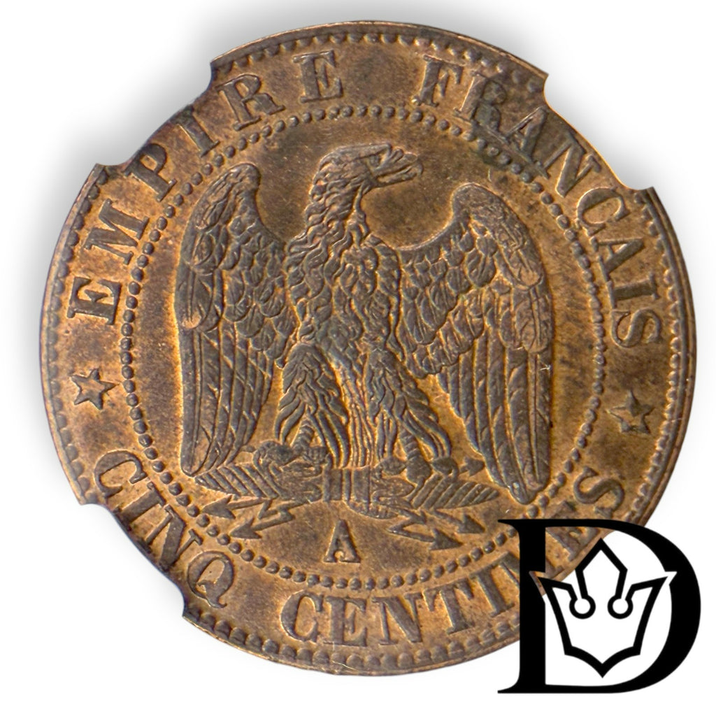 1855 A France 5 Centimes Bronze Coin NGC MS 62