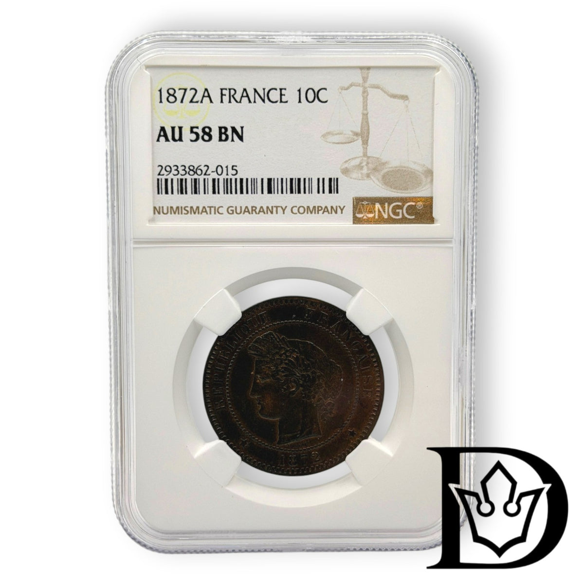 1872 A France 10 Centimes Cérès Bronze Coin NGC AU 58