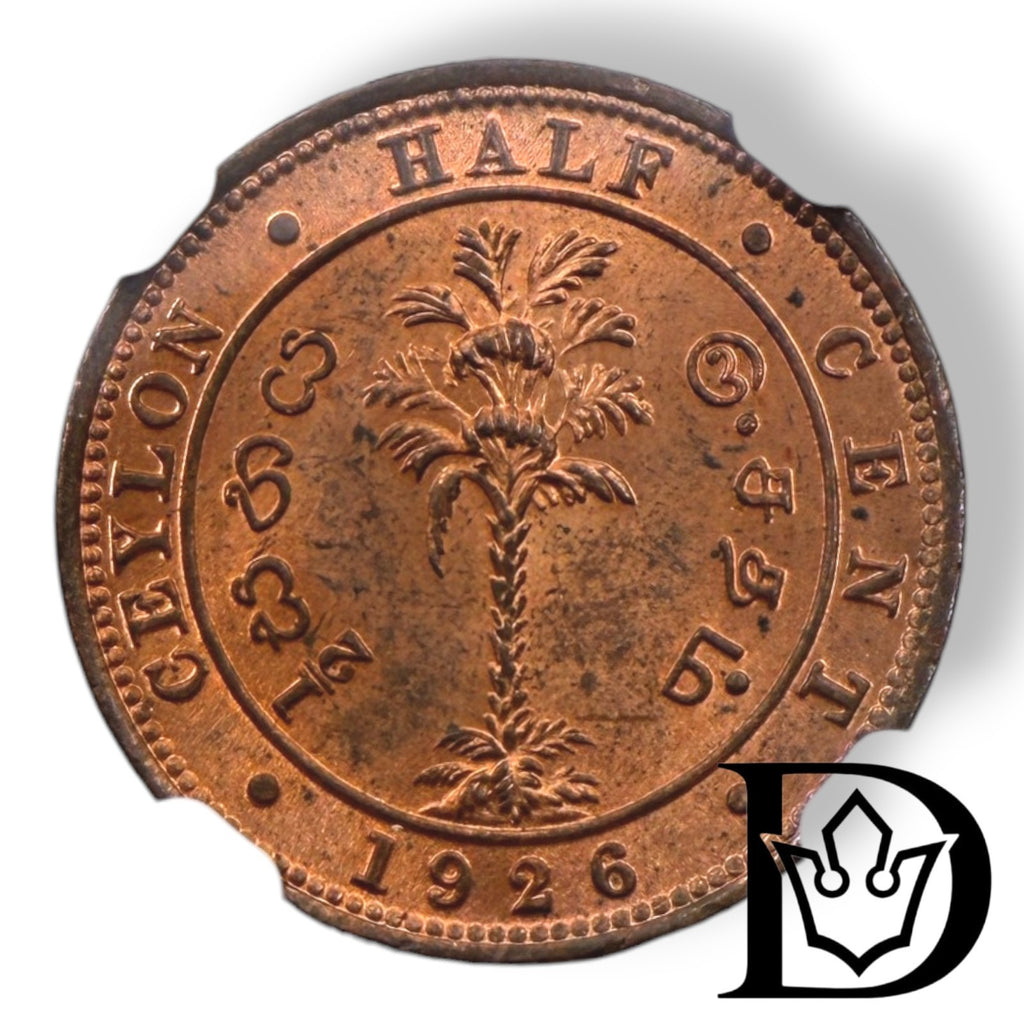 1926 Ceylon 1/2 Cent George V Bronze Coin NGC MS 63 RB