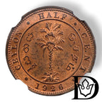 1926 Ceylon 1/2 Cent George V Bronze Coin NGC MS 63 RB