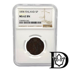 1898 Finland 5 Penniä Copper Coin NGC MS 62