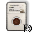 1915 1 Kopek in NGC MS 64 RB holder, certificate label