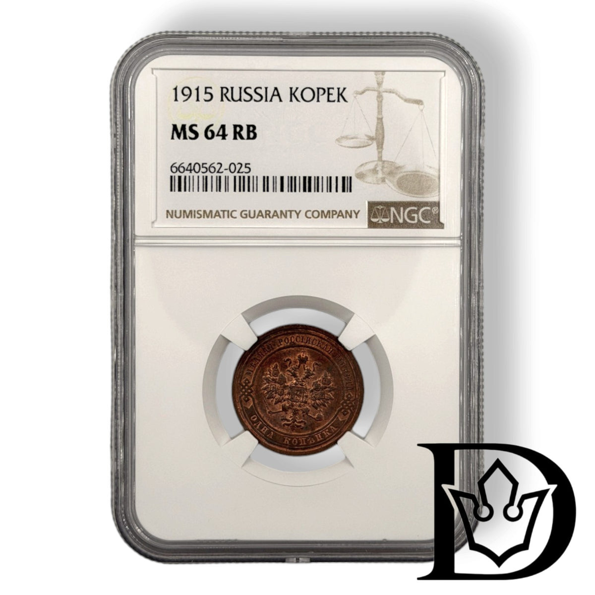 1915 1 Kopek in NGC MS 64 RB holder, certificate label