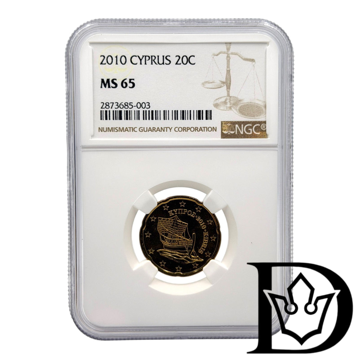 2010 Cyprus 20 Euro Cent in NGC MS 65 holder, certificate label, Kyrenia ship