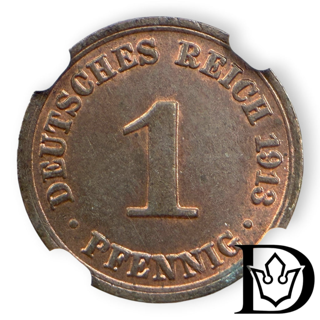 1913 A Germany (German Empire) 1 Pfennig Copper Coin NGC Uncirculated