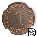 1913 A Germany (German Empire) 1 Pfennig Copper Coin NGC Uncirculated