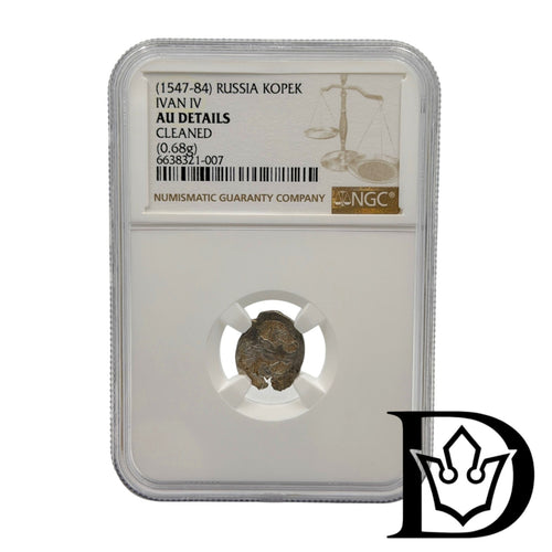 1547-1584 Russia 1 Kopeck Ivan IV Silver Coin NGC AU Details Cleaned