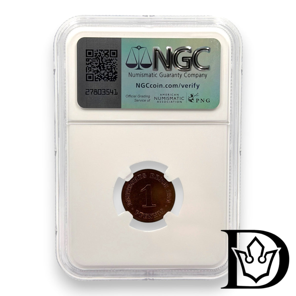 1911 D Germany (German Empire) 1 Pfennig Copper Coin NGC MS 65 RB