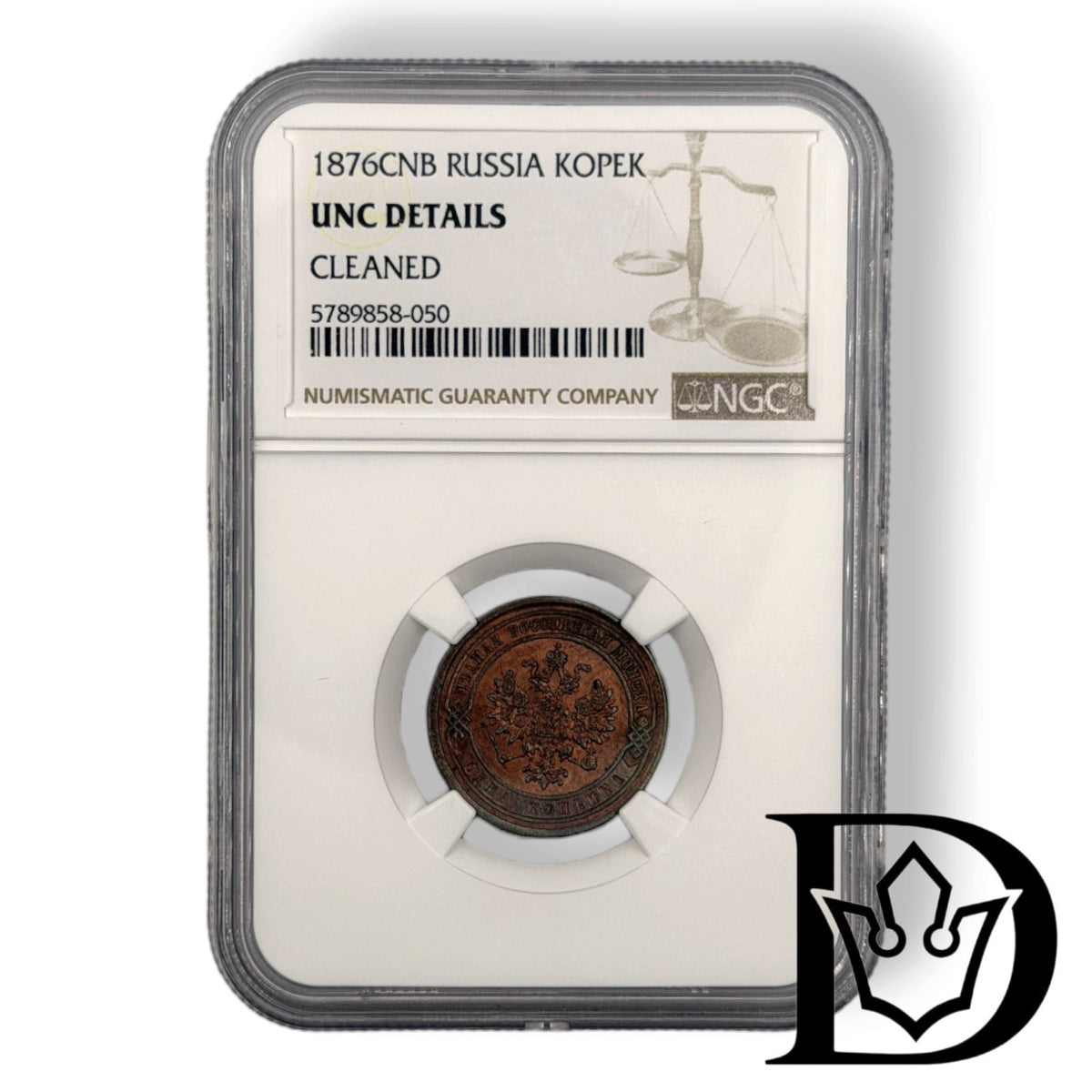 1876 SPB 1 Kopek in NGC UNC Details holder, certificate label