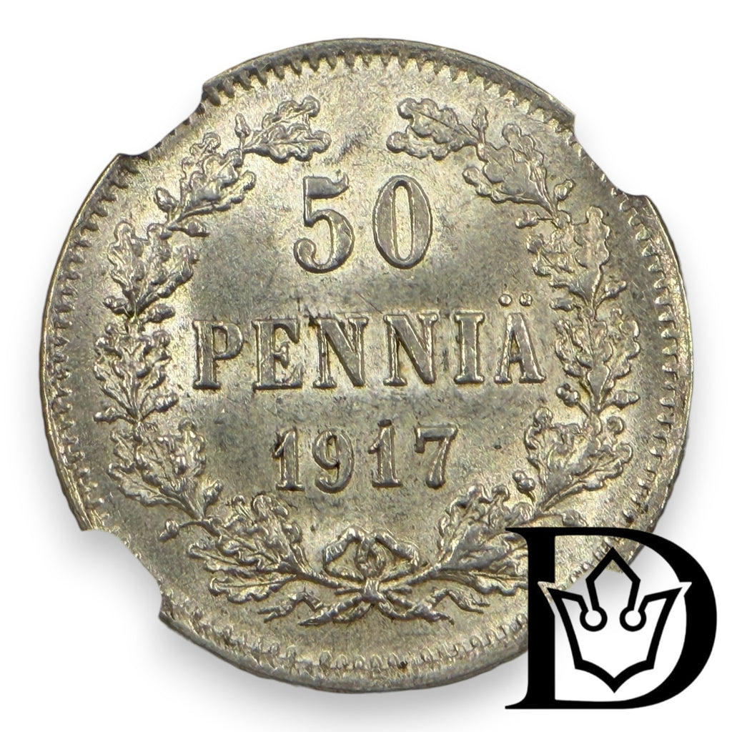 1917 S Finland 50 Penniä Silver Coin NGC MS 65