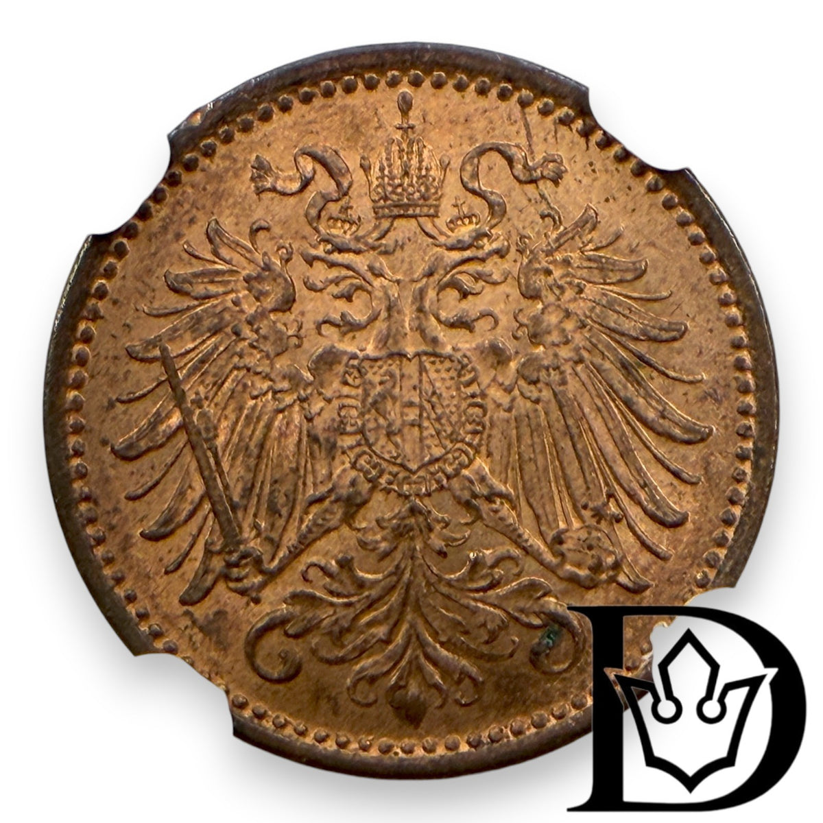 1894 Austria 1 Heller Bronze Coin NGC MS 64 RB