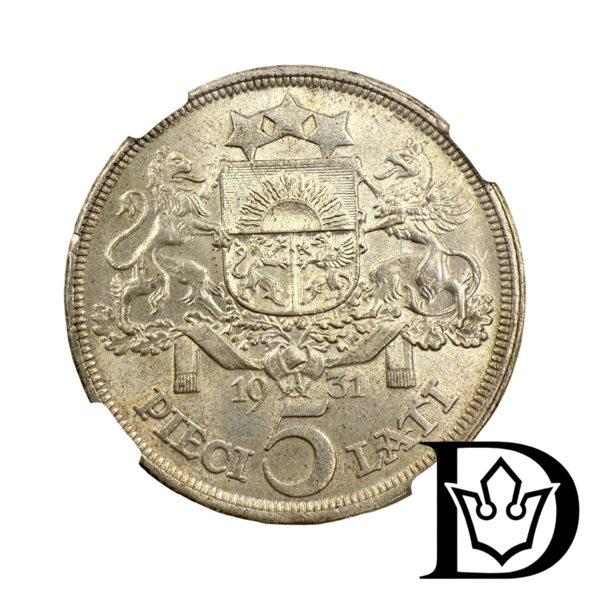 1931 Latvia 5 Lati Silver Coin NGC UNC Details