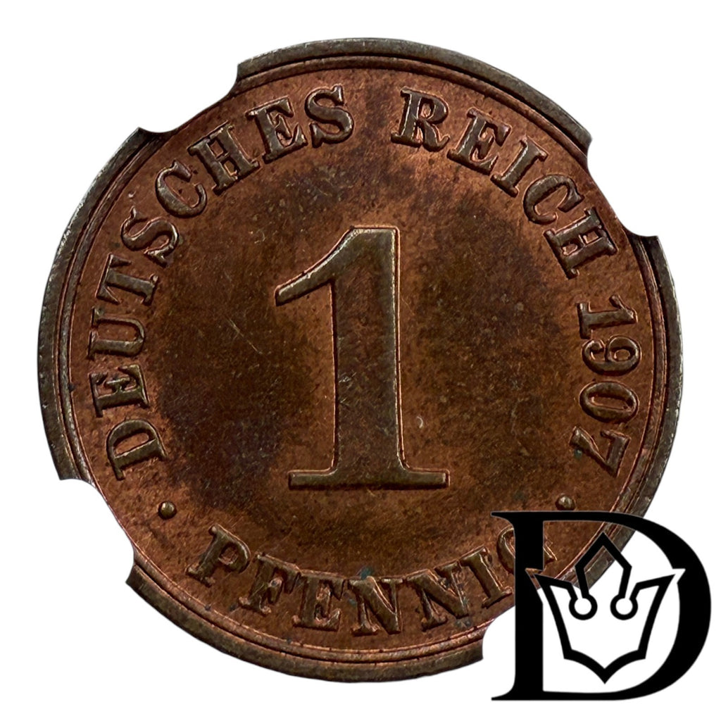 1907 A Germany (German Empire) 1 Pfennig Copper Coin NGC MS 64 RB