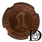 1907 A Germany (German Empire) 1 Pfennig Copper Coin NGC MS 64 RB