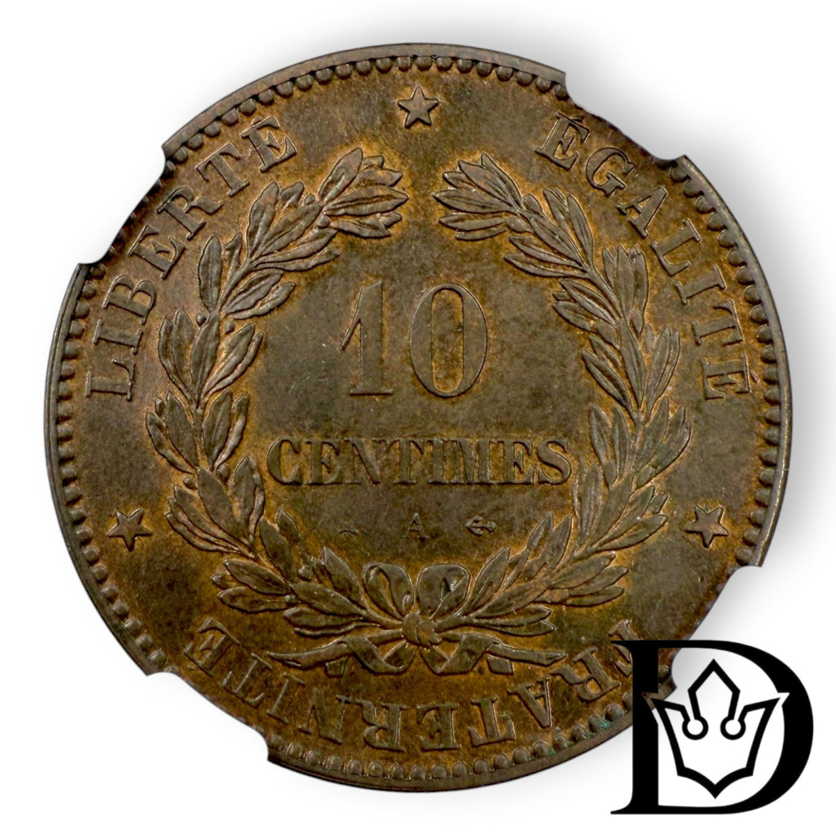 1872 A France 10 Centimes Cérès Bronze Coin NGC AU 58