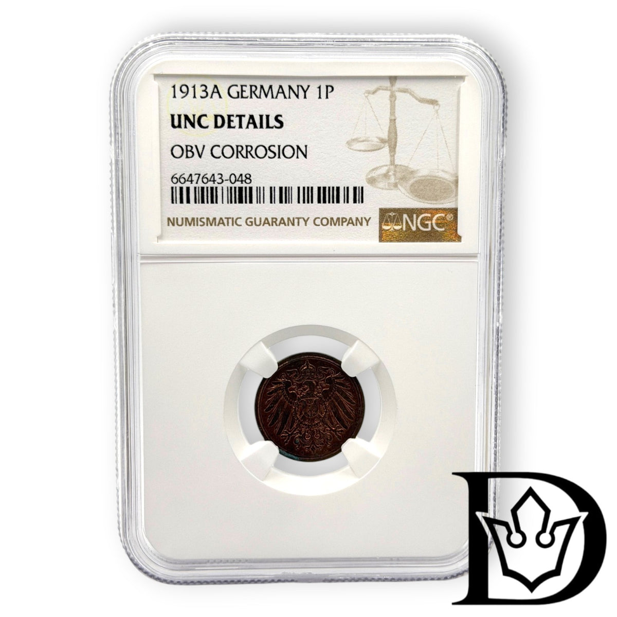 1913 A Germany (German Empire) 1 Pfennig Copper Coin NGC Uncirculated