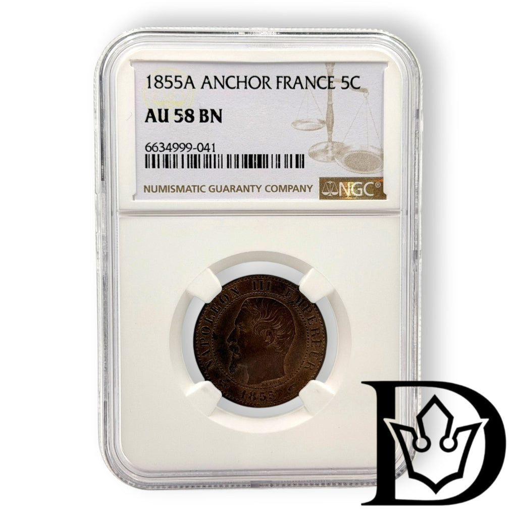 1855 A France 5 Centimes Bronze Coin NGC AU 58
