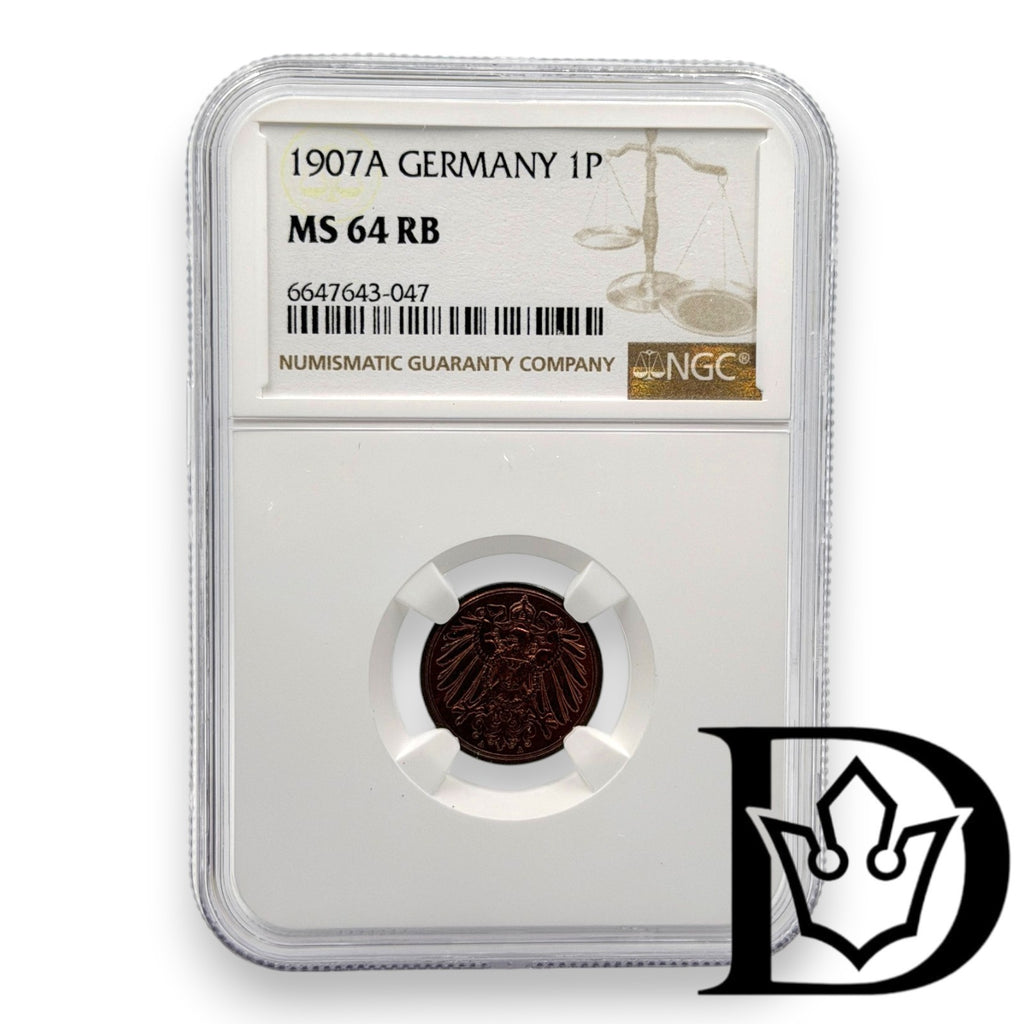 1907 A Germany (German Empire) 1 Pfennig Copper Coin NGC MS 64 RB