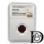 1907 A Germany (German Empire) 1 Pfennig Copper Coin NGC MS 64 RB