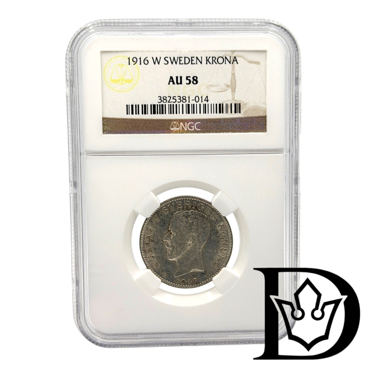1916 Sweden 1 Krone Silver Coin NGC AU 58