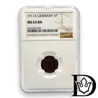 1911 A Germany (German Empire) 1 Pfennig Copper Coin NGC MS 63