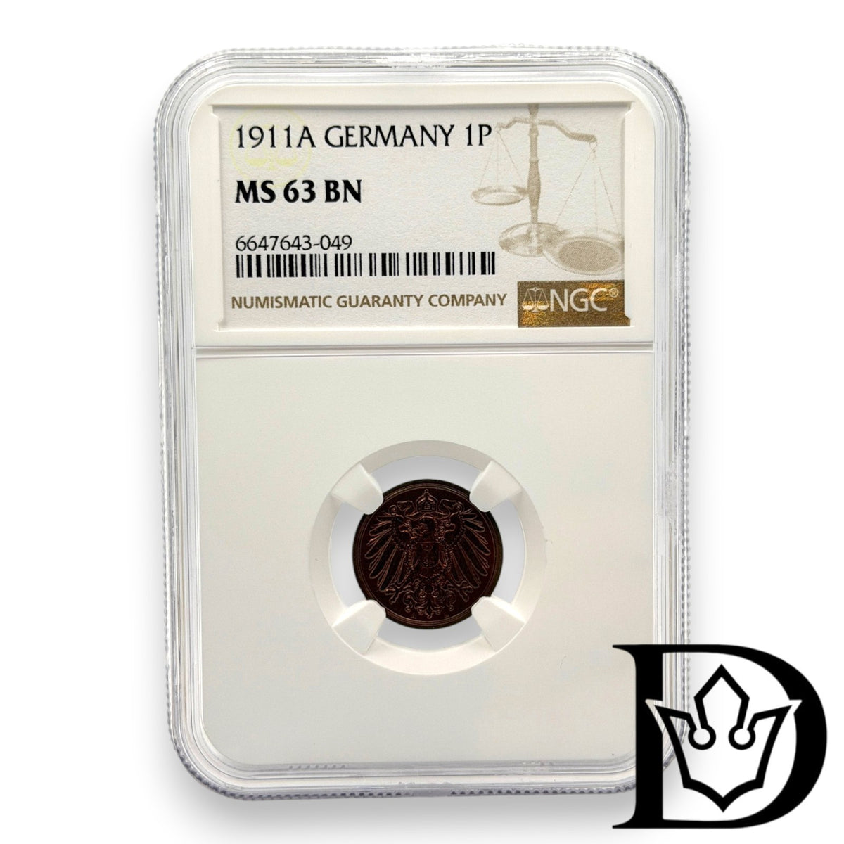 1911 A Germany (German Empire) 1 Pfennig Copper Coin NGC MS 63