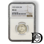 1929 20 Kopecks in NGC MS 64 holder, certificate label
