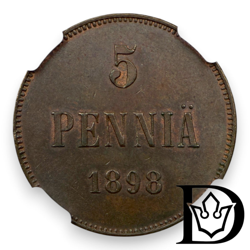 1898 Finland 5 Penniä Copper Coin NGC MS 62
