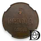 1898 Finland 5 Penniä Copper Coin NGC MS 62