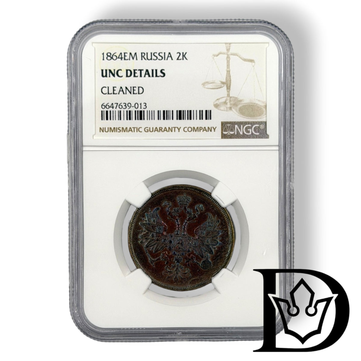 1864 2 Kopecks in NGC UNC Details (Cleaned) holder, certificate label