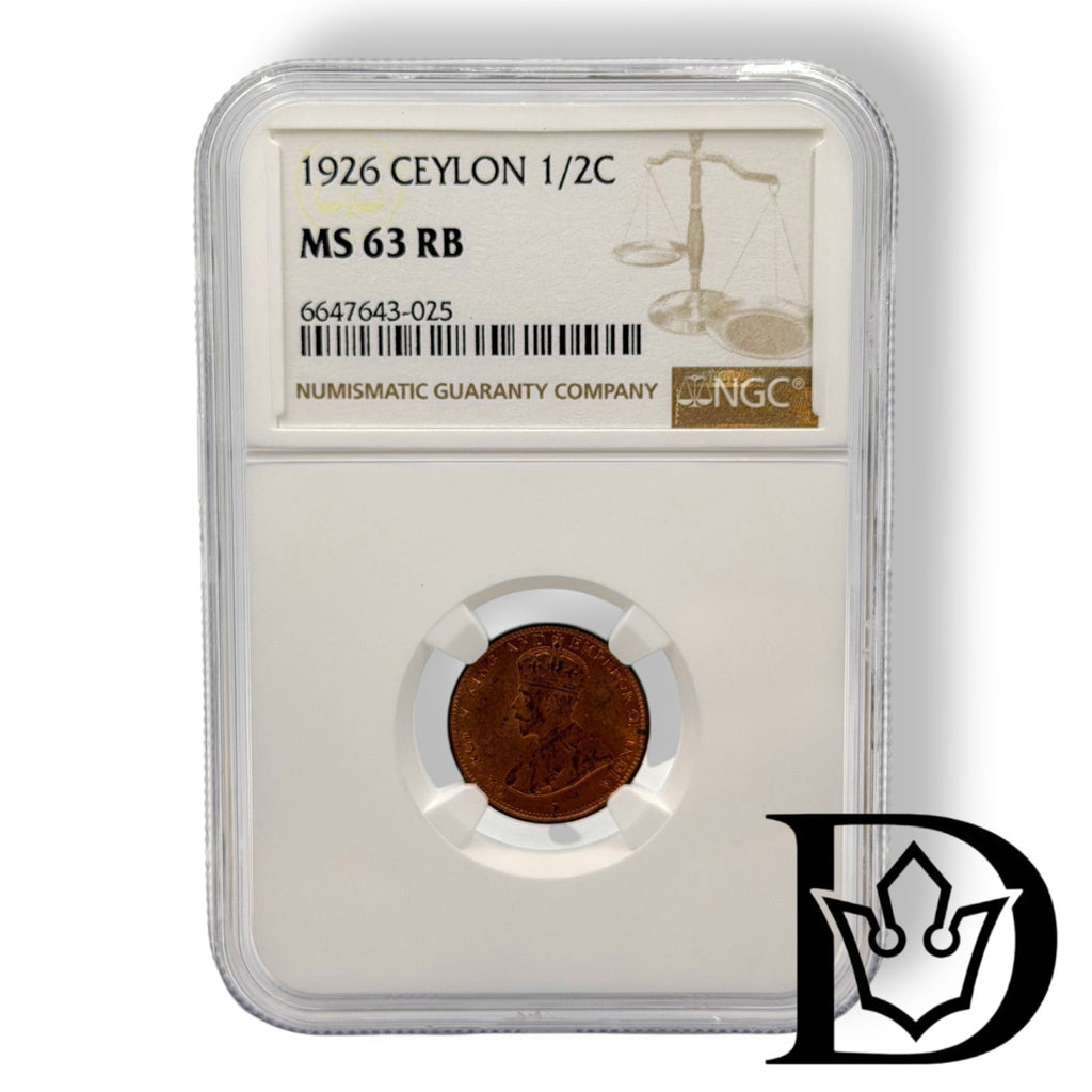 1926 Ceylon 1/2 Cent George V Bronze Coin NGC MS 63 RB