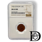 1926 Ceylon 1/2 Cent George V Bronze Coin NGC MS 63 RB