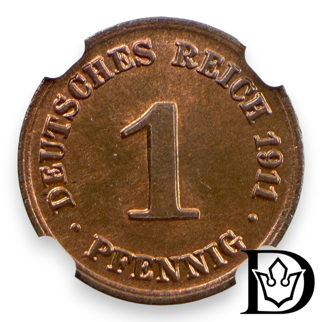 1911 D Germany (German Empire) 1 Pfennig Copper Coin NGC MS 65 RB